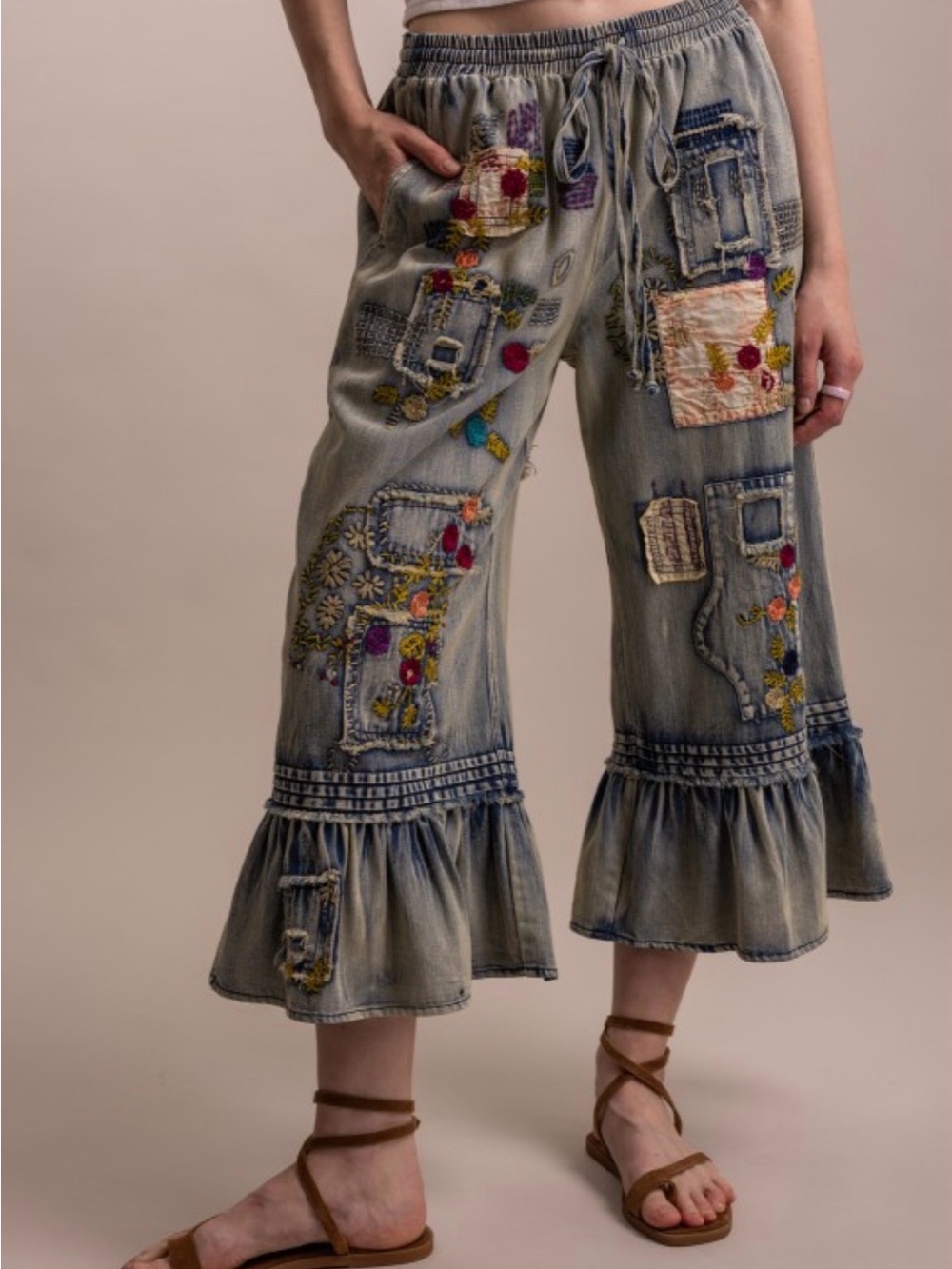Boho RESTOCK- Embroidered Ruffle Hem Denim Crop denim bloomers